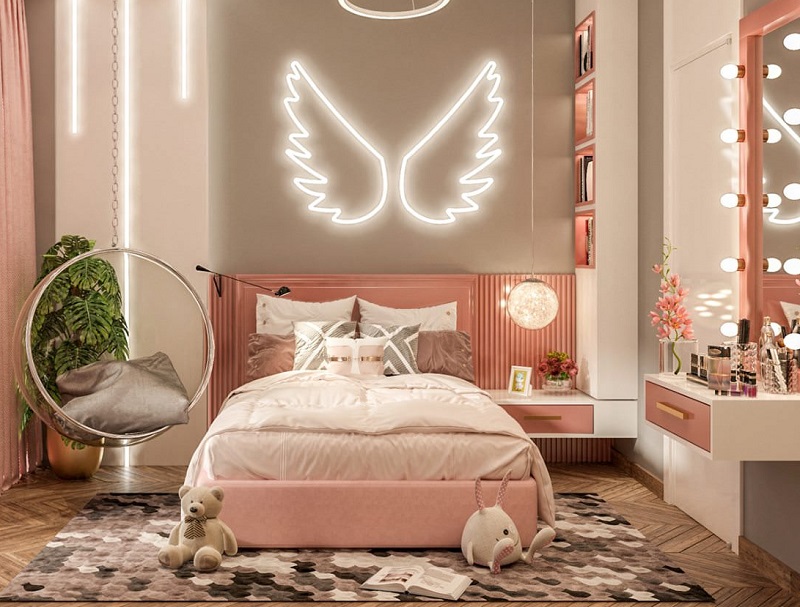 phòng ngủ màu hồng đào