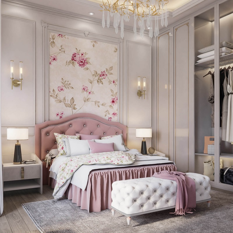 phòng ngủ tân cổ điển màu hồng