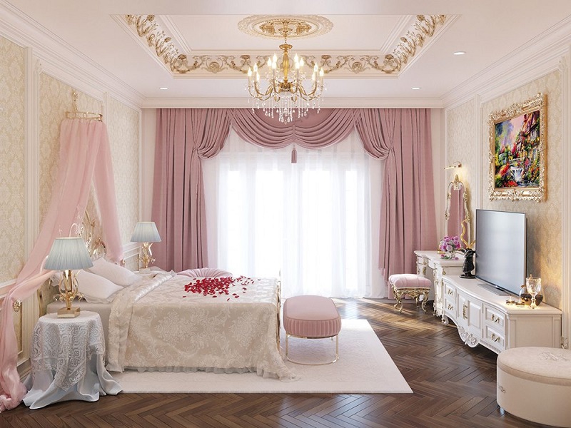phòng ngủ tân cổ điển màu hồng đẹp