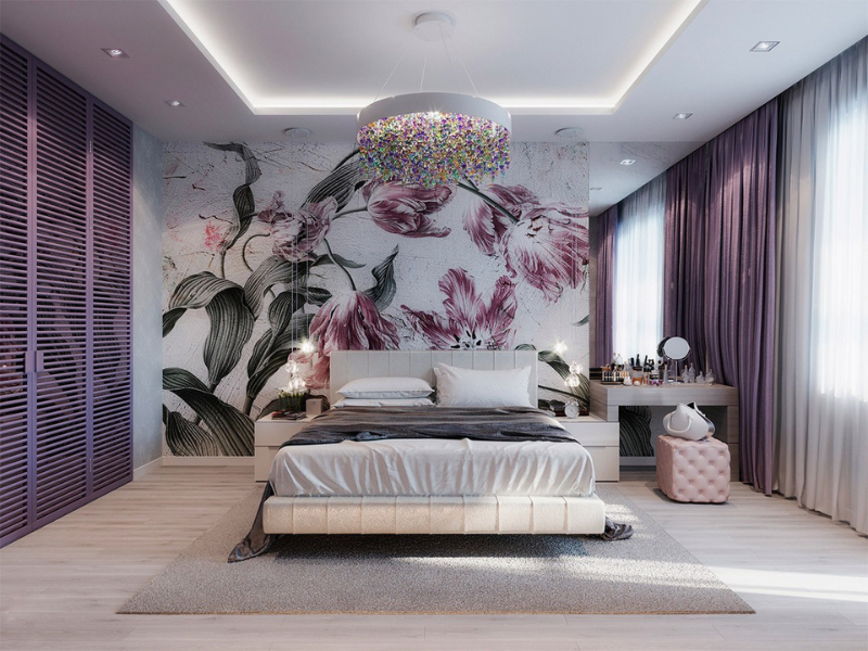 thiết kế phòng ngủ màu tím nhạt tiện nghi