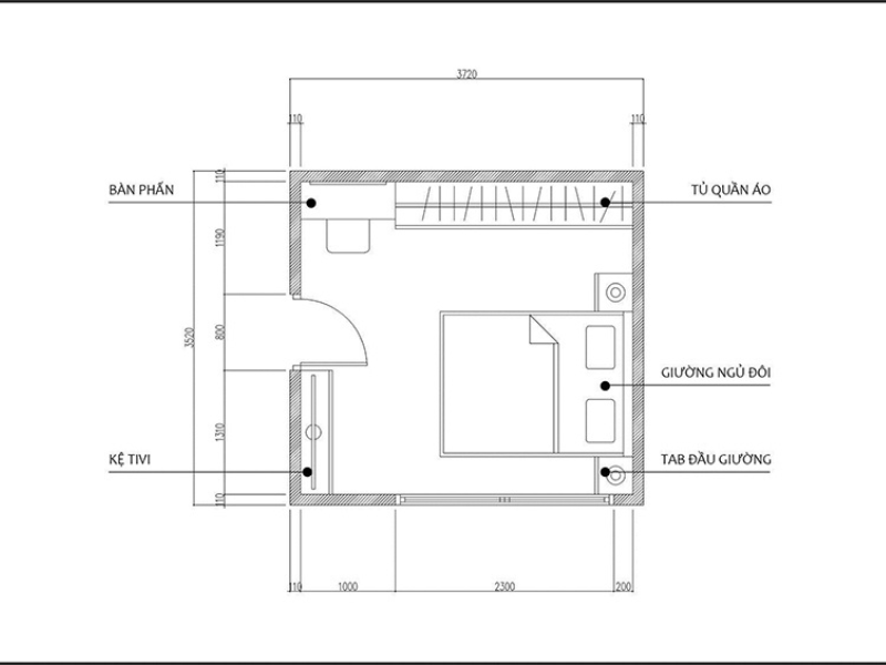 mặt bằng phòng ngủ master 30m2