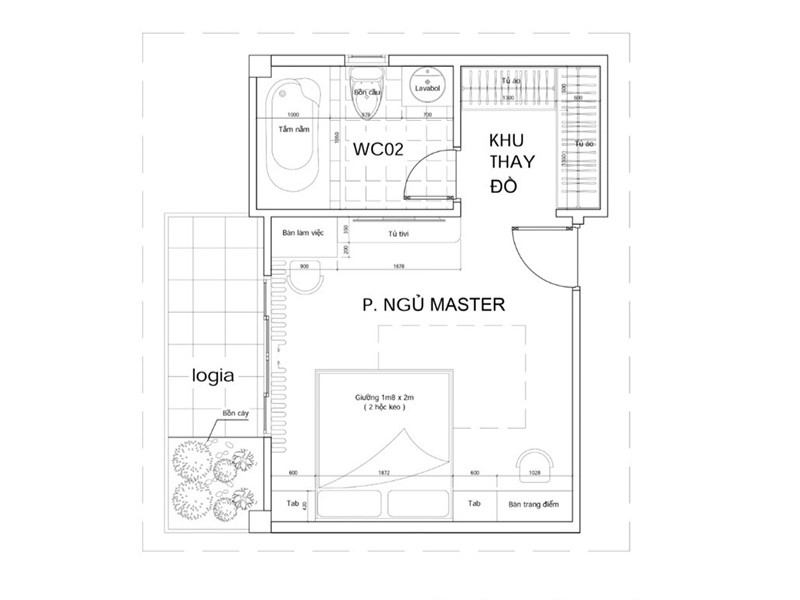 mặt bằng phòng ngủ master 30m2