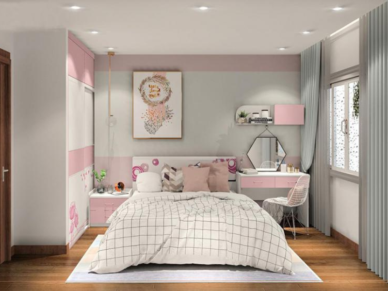 phòng ngủ bé gái 11 tuổi màu xám hồng