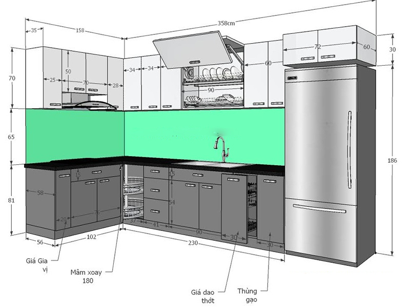 kích thước tủ bếp chữ L