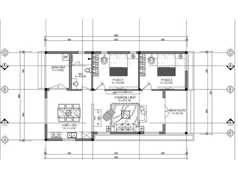 bản vẽ nhà cấp 4 2 phòng ngủ