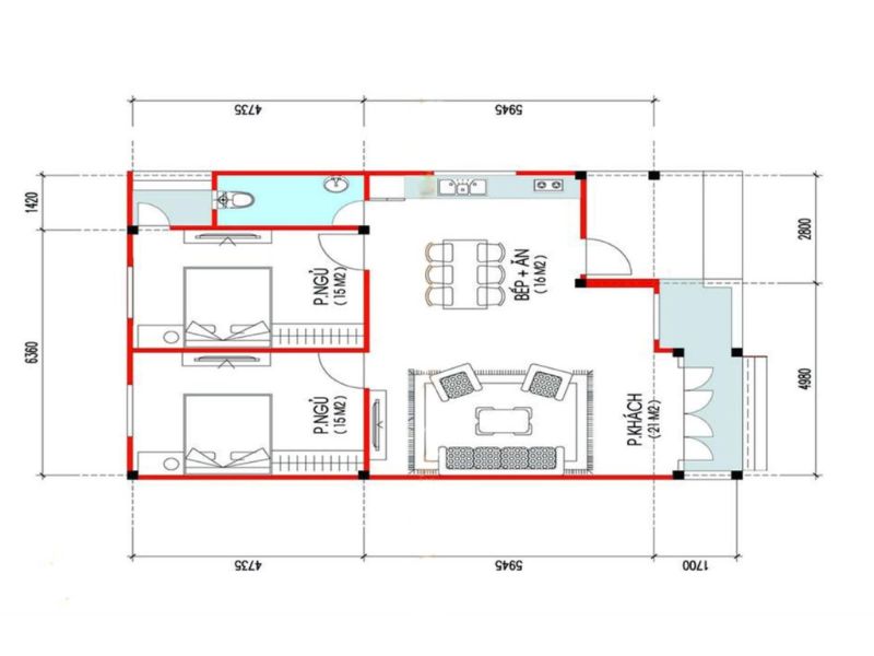 bản vẽ nhà cấp 4 2 phòng ngủ