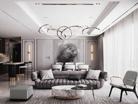 Thiết kế phòng khách màu xám