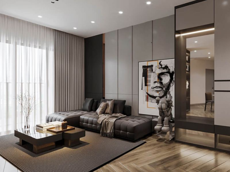 Thiết kế phòng khách màu xám