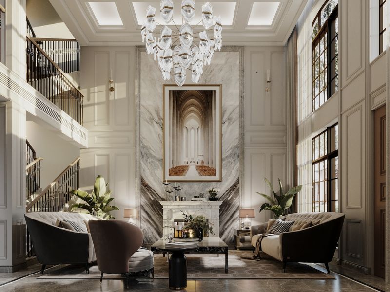 Thiết kế phòng khách màu xám