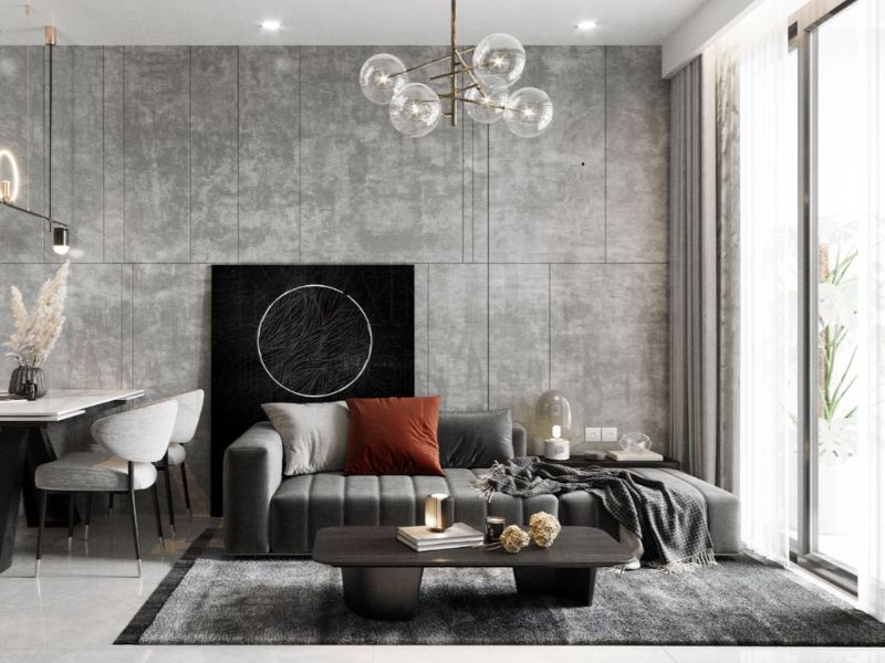 Thiết kế phòng khách màu xám