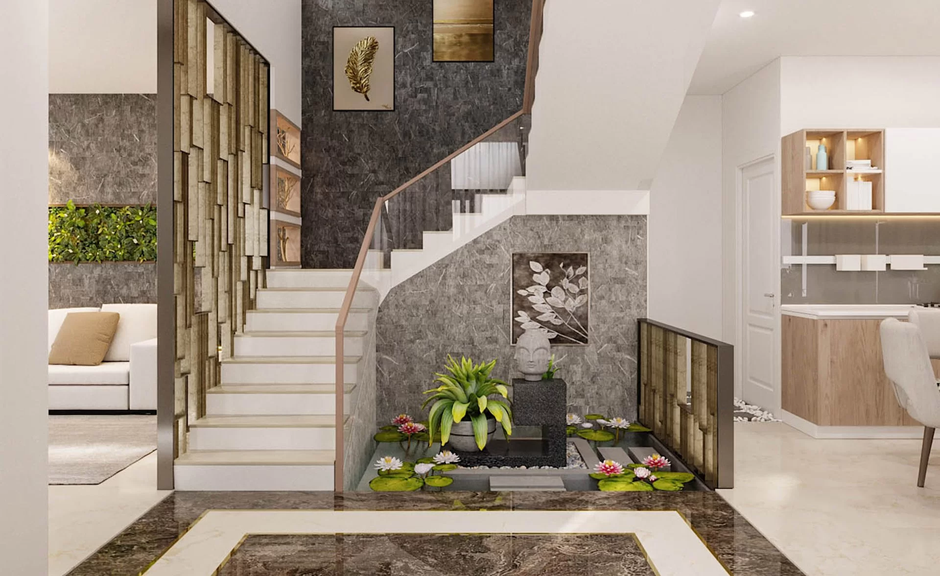 Hòn non bộ nước dưới cầu thang